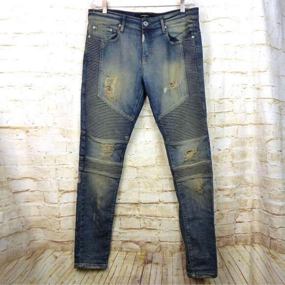 Represent Biker Jeans Mens 32 Blue Sand Stone Destroy Wash Moto Rib Skinny Rock - Picture 3 of 15